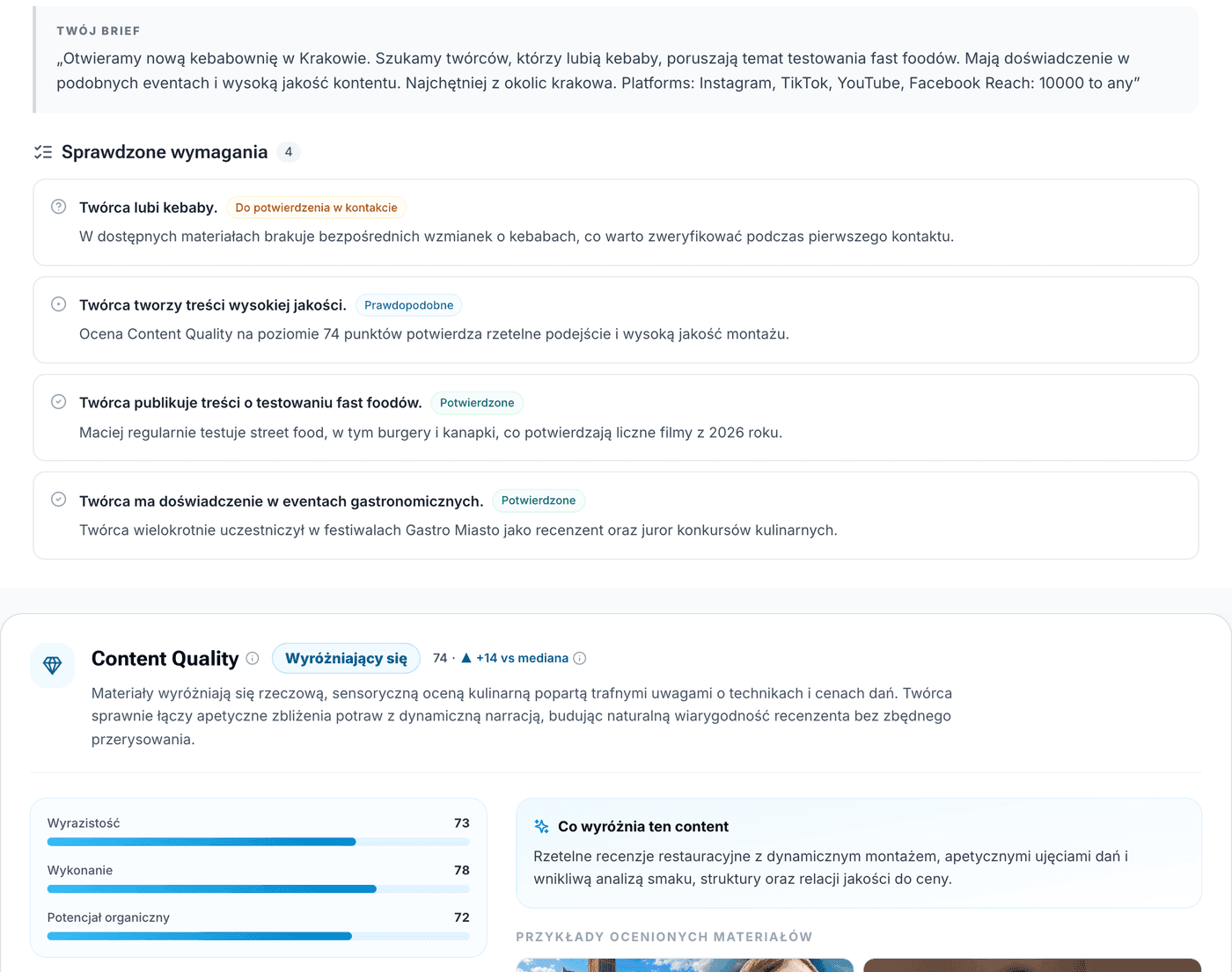 Fragment raportu Collabota: Brief Fit i Content Quality dla Macieja Blatkiewicza